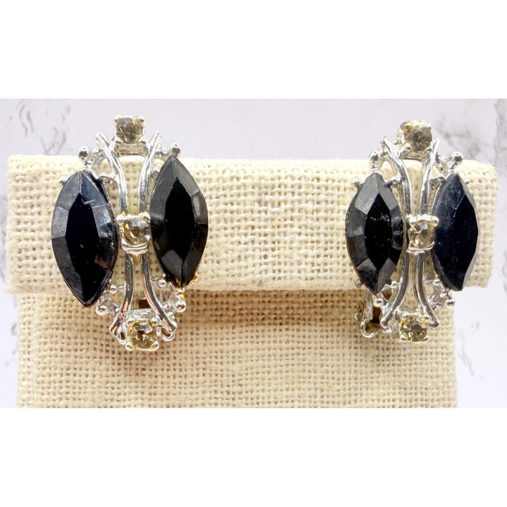 Black Glass Citrine Color Stone Clip On‎ Earrings Silver Tone 1.25"